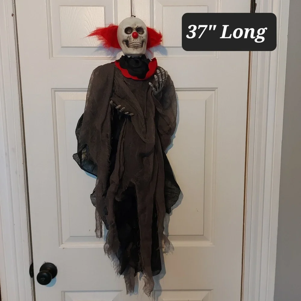 VTG Hanging Skeleton Clown Halloween Prop 37 Inch Tattered Gauze Red Hair Decor